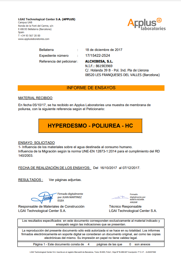 Polyurea-HC Drinking Water Certification - Pultex GmbH